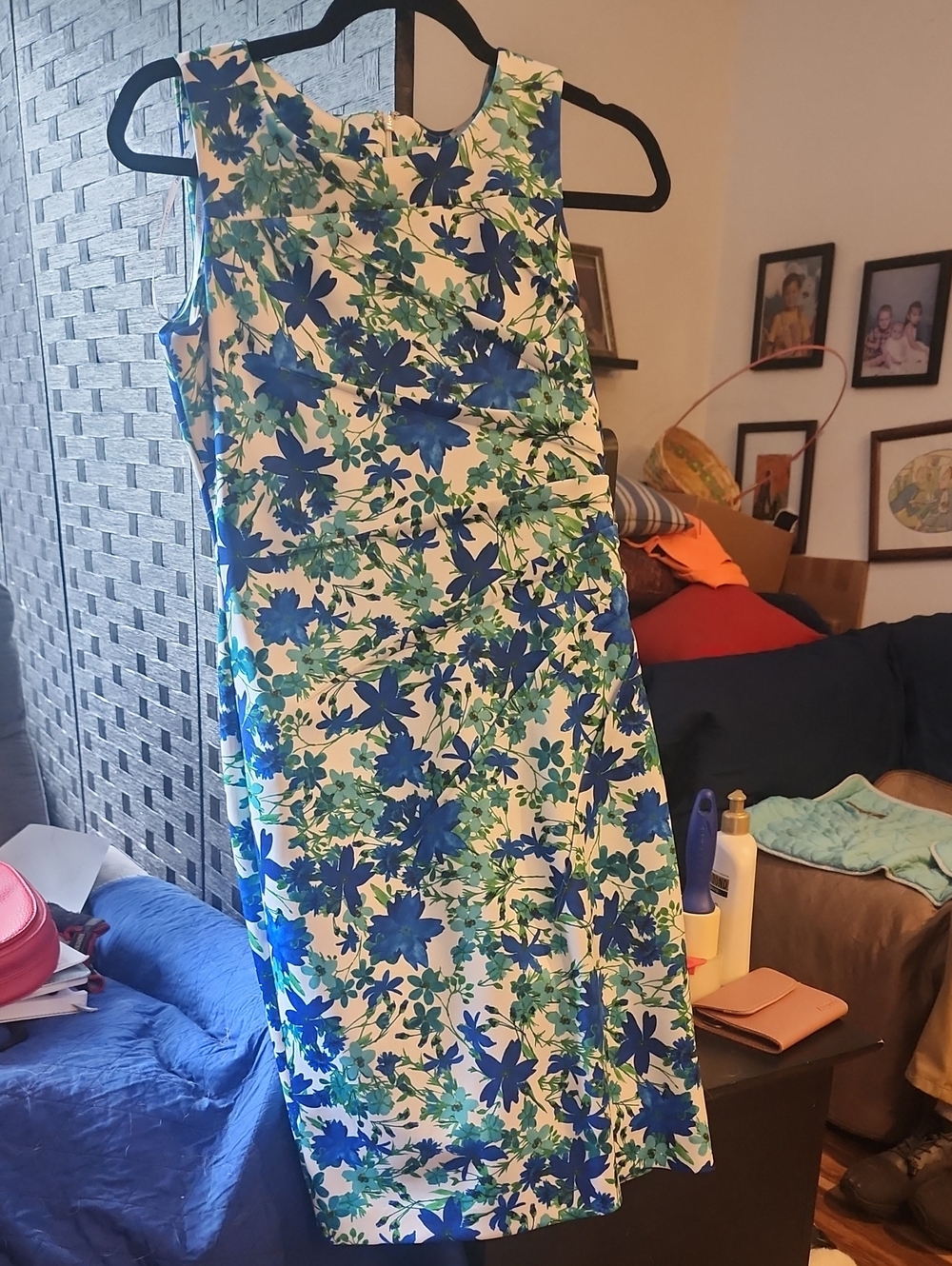 Sleeveless Blue & Green Floral Sheath Dress - Women